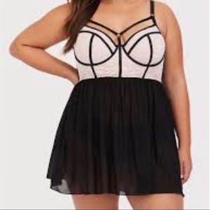 NWT size 2 pink lace and black mesh babydoll .